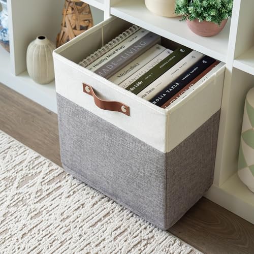 OrganiHaus 13" x 13" x 13" Cube Fabric Storage Bins Set of 4, Fabric Storage Cubes w/ Vegan Handles, 13 inch Collapsible Bins for Clothes & Toys Organizer, 13x13 Basket for Decor - Grey/White - color: Gray Base / Off-White, size: (13x13) Leather Handles