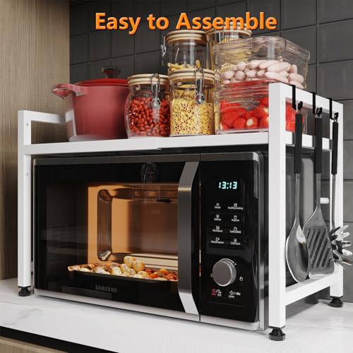 Extendable Microwave Oven Stand, Adjustable Microwave Rack Toaster Shelf, Heavy Duty Rack 2 Tier Kitchen Counter Top Organizer with 7 Hooks for Kitchen - color: White