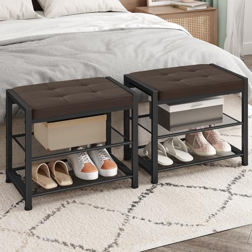 HOOBRO Small Shoe Bench, 3-Tier Shoe Rack, Shoe Storage Bench with PU Seat Cushion, Entryway Shoe Rack Bench with Metal Mesh Shelves, Freestanding Shoe Organizer for Hallway, Brown CB33HX01 - color: Brown + Black
