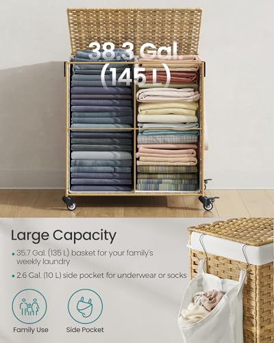 SONGMICS Laundry Hamper with Lid, 38.3 Gallons (145 L), Rolling Laundry Basket with Wheels, 2-Section Synthetic Rattan, Removable Liner, Bedroom, 21.7 x 15.7 x 26 Inches, Natural Color ULCB262Y01 - color: Natural, size: 145 L
