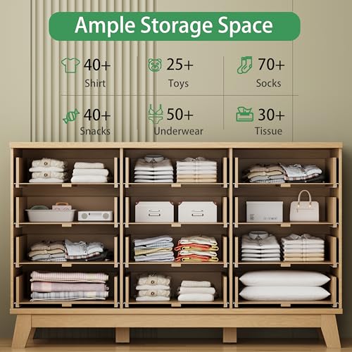 Fluted Dresser for Bedroom with 12 Drawers, 57" Wide Modern Chest of Drawers with Metal Handle, Wooden Dresser TV Stand, Wood Closet Clothes Storage Organizer for Living Room, Hallway, Natural Oak - color: Natural Oak, size: 15.6"D x 57.1"W x 34.7"H (12 D