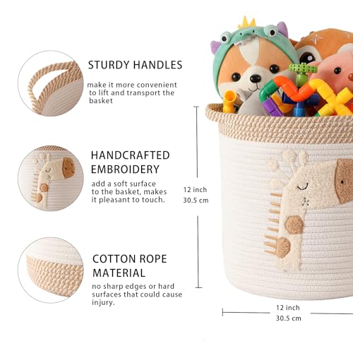 INough Toy Storage Baskets Woven Cotton Rope Storage Basket for Kids, Blanket Baskets for Living Room Toys Organizer with Embroidery Decor, Cute Baskets with Handle for Nursery, Playroom (Giraffe) - color: Giraffe, size: Medium