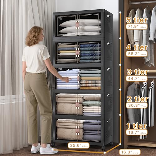 UAMFURI Extra Large Stackable Storage Bins with Lids & Wheels, 600QT-120QT/30GAL*5Pack Foldable Collapsible Closet Organizers Storage Cabinet with Doors for Bedroom Dorm - color: Black, size: 5PACK-25"W16"D72"H
