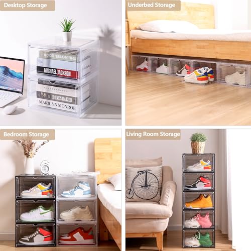 Clear Shoe Box Plastic Stackable Upgraded 6 Pack Shoe Storage Box Organizer with Clear Large Magnetic Door for Display Sneakers Easy Assembly, White - color: White clear, size: L-6-pcs-Large magnetic door