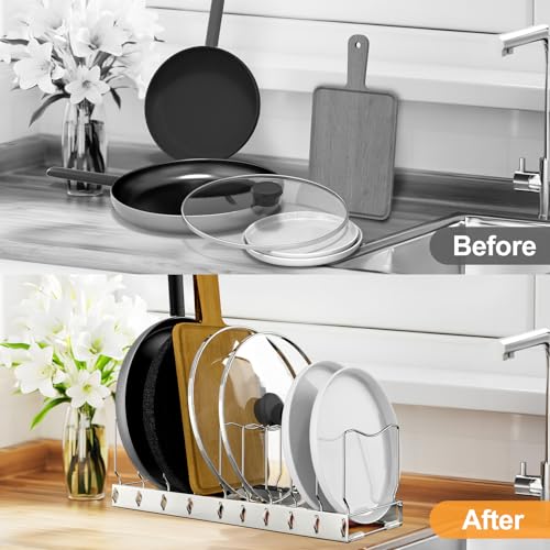 FLSEPAMB Pan Organizer - Adjustable Lid Organizer for Kitchen, Heavy Duty Pot Lid Organizer, Under Sink, Drawer, Pantry Storage - size: 1 Pack