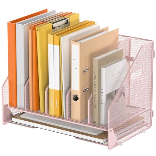 Desk File Folder Holder Organizer-5 Vertical Compartments Racks and Paper Letter Tray,Mesh Magazine File Holder Sorter,Desktop Accessories & Workspace Organizers for Home,Office,School-Pink - color: 5 Compartments-pink