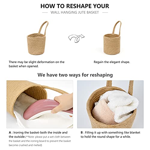 Dahey 2 Pack Wall Hanging Rope Basket (5.5"W×6.2"H) with Artificial Eucalyptus, Jute Woven Storage Organizer Flower Plants Basket Farmhouse Rustic Wall Decor for Porch Living Room Bedroom Entryway - size: 5.5"W×6.2"H