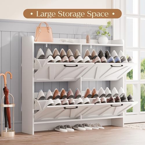 MU Shoe Storage Cabinet with 4 Flip Drawers, Freestanding Shoe Cabinet, Slim Shoe Organizer with Wood Legs for Entryway, White - color: White, size: 4 Drawers