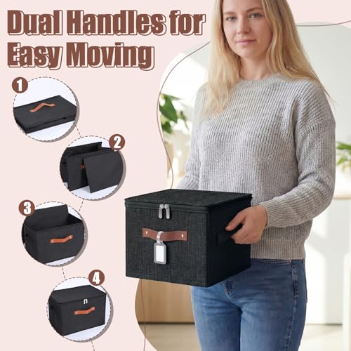 6 Pack Fabric Closet Storage Bins with Zipper Lids and Label, 10×8×7In Large Size Foldable Cotton Linen Storage Cubes Boxes with PU Leather Handles Holders for Bedroom, Shelf, Nursery, Black - color: Black, size: 10×8×7in