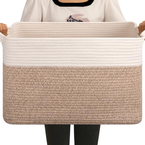 OIAHOMY Large Blanket Basket, 65L Cotton Rope Woven Laundry Basket, Toy Bin for Baby Room, Container for Blanket Storage in Living Room, 20''×16''×12'', Brown & White - color: Brown & White, size: 65L