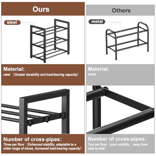 3-Tier Expandable Shoe Rack, Adjustable Shoe Shelf Storage Organizer Heavy Duty Metal Free Standing Shoe Rack for Entryway Closet Doorway (Black) - size: 3 Tier