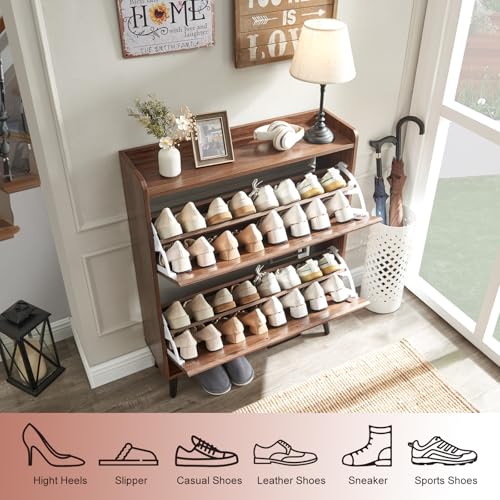 Barnyatoh Shoe Storage Cabinet with 2 Flip Drawers, Farmhouse Hidden Shoe Organizer, Narrow Slim Shoe Rack Cabinet for Entryway Hallway,Walnut - color: Walnut