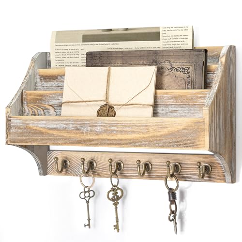 Rebee Vision Pine Wood Rustic Key Holder Wall Mount - Farmhouse 3-Tire Mail Holder with 6 Key Hooks - Multifunctional Wall Organizer for Haning Office Papaer (Natural) - color: Natural