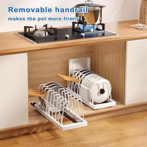 Mustorn Pots and Pans Organizer Under Cabinet, 21.6" Deep Pull Out Pot Lid Organizer Holder with Guardrail Adhesive Pot and Pan Holder Rack with 10 Adjustable Dividers-1 Pack(White) - color: White, size: 1 Pack