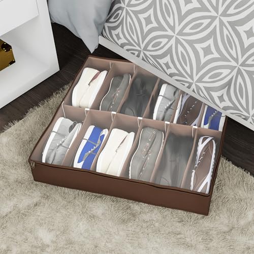 Under Bed Storage Shoe Organizer Bag with Clear Plastic Zippered Cover, Stores 12 Pairs of Shoes by Everyday Home (Brown) - size: 1 pack