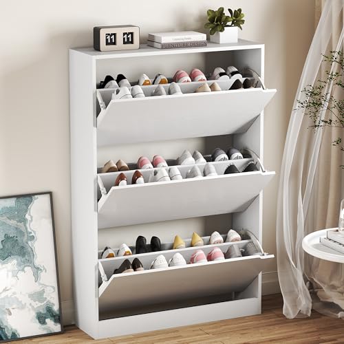 BORNOON Shoe Cabinet with 3 Flip Drawers, Hidden Wood Shoe Cabinet,Freestanding Shoe Storage Cabinet for Entryway Hallway.White. 47.2" H*31.5" W*9.45" D. - color: White, size: 3 Drawers