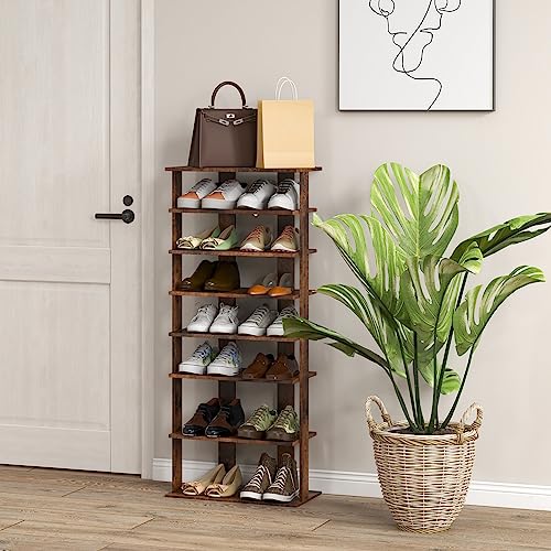 Tangkula 8-Tier Vertical Shoe Rack, Space-Saving Corner Shoe Organizer for 14 Pairs, Narrow Shoe Storage for Entryway, Front Door, or Closet - color: Rustic Brown, size: 10" x 18.5" x 43.5"