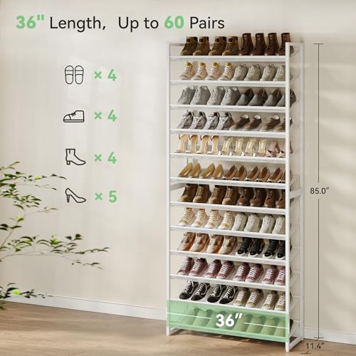 Nunsino Shoe Rack,12 Tier Metal Shoe Organizer,Max Holds 60 Pairs,Heavy Duty Shoes Shelf for Garage, Entryway, Closet,White - color: White, size: 12 Tier