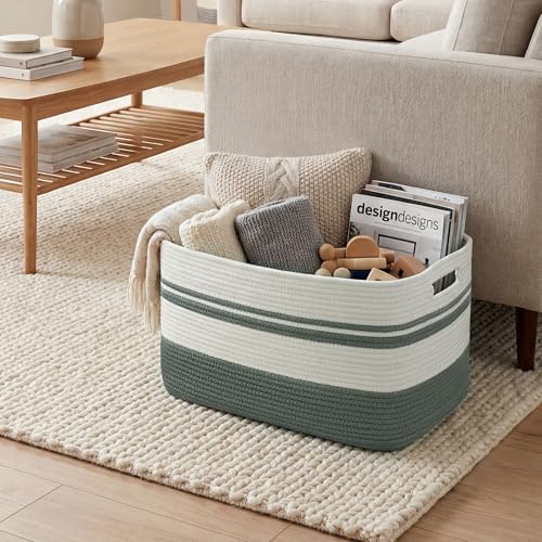 75L Large Blanket Basket, 22"x17"x12"Rectangle Cotton Rope Woven Storage Basket with Handles, Laundry Hamper for Living Room, Nursery, Bedroom - Chemical-Free, Kid & Pet Safe - Sage Green - color: Sage Green/White
