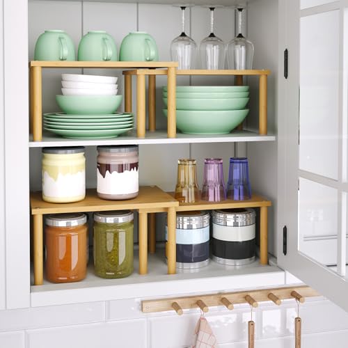 VERTORGAN Cabinet Organizer Shelf(Set of 2),Kitchen Counter Shelves,Bamboo Stackable Expandable Spice Rack Countertop(Medium) - color: Natural, size: 11.8"W