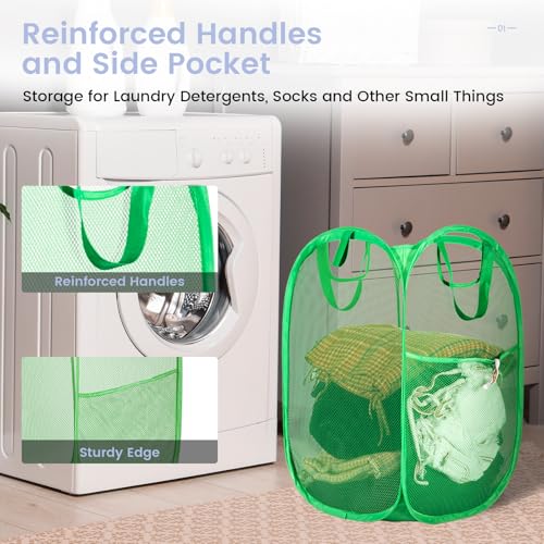 HOUSE AGAIN 2 Pcs Pop Up Laundry Hamper, Strong Mesh Laundry Baskets Collapsible, Hamper with Handles and Side Pocket, Portable Foldable Dirty Clothes for Dorm, Laundry room and Travel Storage, Green - color: Green, size: 2-Pack