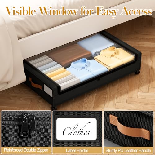 Yecaye Under Bed Storage with Wheels, 4 Pack Under the Bed Storage Containers with Lids & Label, XXL 60L Rolling Underbed Storage Drawers for Clothes, Blankets, Shoes, Black - color: Black, size: 4 Pack