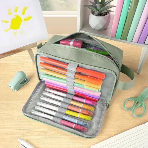 Sooez Original High Capacity Pencil Case, Big Pencil Bag Pouch Box Organizer Pen Case, Aesthetic Supply for Girls Adults, Portable Journaling Supplies with Easy Grip Handle & Loop, Olive Green - color: Olive green
