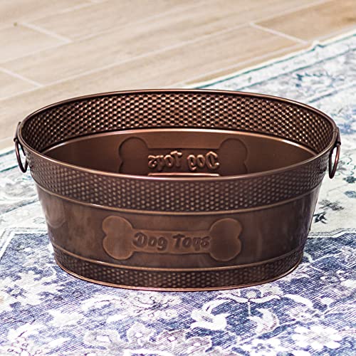BREKX Indestructible Metal Dog Toy Bin - Copper Galvanized Storage Bin with Handles, Pet Storage Organizer - Ropes, Blankets, & Leashes, Bone Design Pet Toy Box (15-Quart) - color: Antique Copper