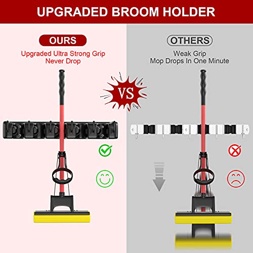 LETMY Broom Holder Wall Mount - Mop and Broom Hanger Holder - Garage Storage Rack & Garden Tool Organizer - 5 Position 6 Hooks Broom Rack for Home, kitchen, Garden, Tools, Garage Organization - Black - color: Black