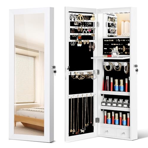 Mirror Jewelry Cabinet, Wall/Door Mounted Jewelry Armoire with Full-Length Mirror, Hanging Jewelry Organizer with LED Interior Lights, White
