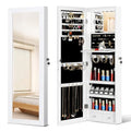 Mirror Jewelry Cabinet, Wall/Door Mounted Jewelry Armoire with Full-Length Mirror, Hanging Jewelry Organizer with LED Interior Lights, White