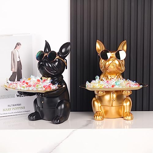 QIANLING Modern Decor Resin Gold Bulldog Tray Statue Tray Storage Key Holder Candy Jewelry Earrings Tray Suitable for Home Decor Modern Art Dining Table Decor Office Small Object Tray (Golden Yellow) - color: Gold