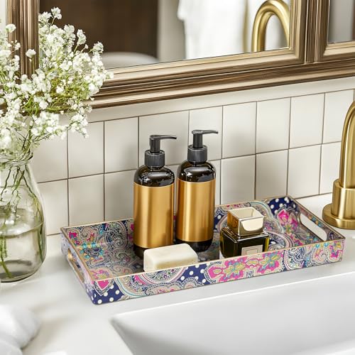 MAONAME Plastic Vanity Tray, Bathroom Counter Tray, Decorative Trays with Handles, Storage Dresser Trays Organizer for Toilet Tank, Jewelry, Makeup, 13.8" x 6" x 1.57" - color: Bohemian-2