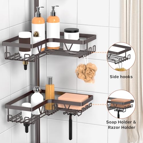 KEGII 4-Tier Corner Shower Caddy Tension Pole - Waterproof Shower Rod Organizer, Floor to Ceiling Tension Rod 25-114.2 inch, Stainless Steel Corner Shower Shelf, Bronze - style: Tension Caddy - Brown