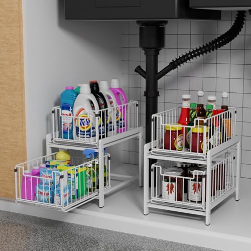 2 Tier Sliding Basket Drawer Organizer, Lxmons Pull Out Under Sink Cabinets Organizers, Metal Home Shelf for Bathroom or Kitchen, Sliding Countertop or Pantry Storage Shelf, Large White - color: White