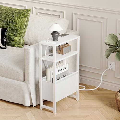Narrow Side Table with Charging Station Slim End Table Sofa with Magazine Rack, Bedside Table for Small Spaces, 3 Tier Nightstand for Living Room Couch, Bedroom White LET503WE - color: White
