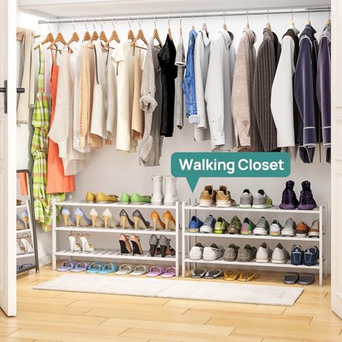 viewcare 3-Tier Long Shoe Rack, Bamboo Wood Shoe Rack for Closet, Entryway & Hallway, Stackable White Shoe Shelf Storage Organizer for Indoor Outdoor - color: White, size: 3-Tier Long
