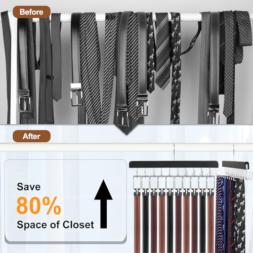 TOPIA HANGER 2 Pack 2 in 1 Belt Tie Hanger for Closet Max 60 Belts with 60 Ties Capacity, 40 Hooks Belt Tie Racks Wooden Hanger for Closet Organizer Storage “U” Fit Belt and “一” Fit Tie - CT52B - color: Black-2 Pack