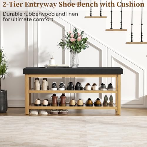 2 Tier Shoe Rack Bench with Cushion, Rubberwood Shoe Benches, Mid-Century Modern Shoe Storage Bench for Entryway, Hallway, Living Room, Closet, Front Door Entrance, Black - color: Black
