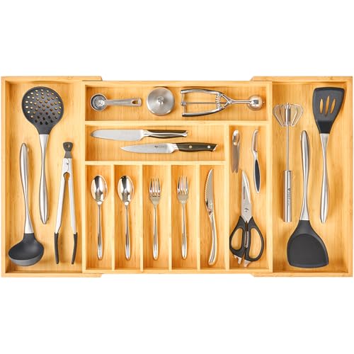 Umilife Extra Large Expandable Kitchen Siverware Utensils Drawer Organizer, 19" Deep for Big Drawer, Adjustable Bamboo Wood Drawer Divider with Curved Grooves, Cutlery Tray Flatware Holder - size: Expandable 19~33 x 19 inch