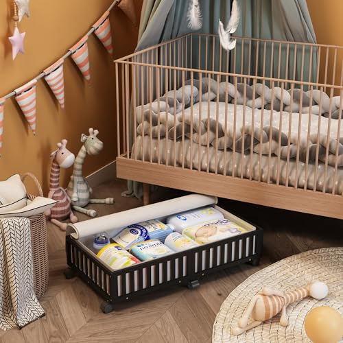 Bamboo Under Bed Storage Containers with Wheels, 2 Pack Large Under the Bed Shoe Storage Bins, Wood Rolling Underbed Drawers Organizer for Bedroom Closet Clothes Blanket Under Crib Toy Black - color: Black, size: 2 PCS (33.07"×16.54")