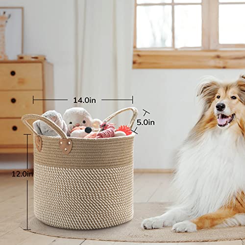 CHICVITA Large Wicker Jute Woven Storage Basket with Handles – Blanket Laundry Basket for Toys Towels Home Decor, White, 14" x 14" x 12" - color: White, size: 14"W x 12"H