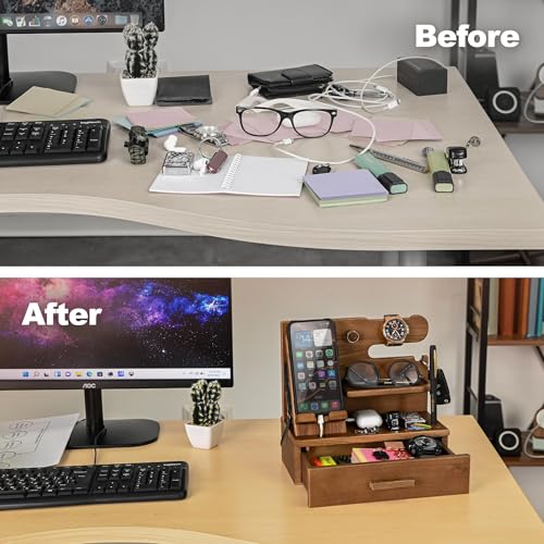 TESLYAR Wood Phone Docking Station with Drawer - Nightstand Organizer - Desk Organizer for Husband - Birthday Gifts for Men, Dad, Anniversary Idea, Key Holder Stand Watch & Accessories (Desert Beige) - color: Desert Beige