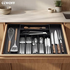 Extra Large Silverware Organizer, 9 Slot Expandable Kitchen Drawer Organizer, Utensil Holder, Heavy Duty Stainless Steel Frame Silverware Drawer Organizer, 8 Non-Slip Feet Included, BPA Free, Black - color: Black