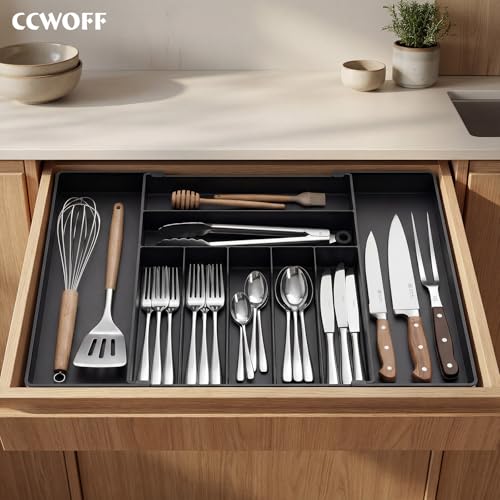 Extra Large Silverware Organizer, 9 Slot Expandable Kitchen Drawer Organizer, Utensil Holder, Heavy Duty Stainless Steel Frame Silverware Drawer Organizer, 8 Non-Slip Feet Included, BPA Free, Black - color: Black