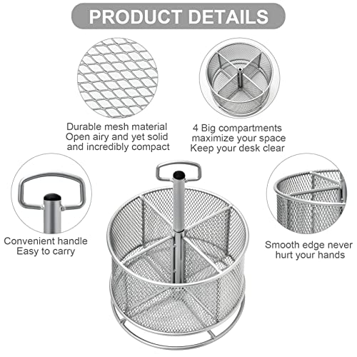 Marbrasse Mesh Desk Organizer, 360-Degree Rotating Multi-Functional Pen Holder, 4 Compartments Desktop Stationary Organizer, Home Office Art Supply Storage Box Caddy (silver) - color: Silver