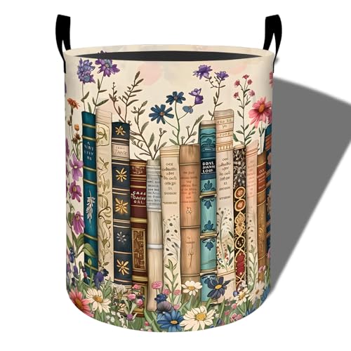Vintage Book Laundry Basket, Floral Print Foldable Oxford Cloth, Waterproof Dirty Clothes Hamper with Handles, Clothing Storage Bucket Toy Organizer for Bathroom Bedroom Dorm, 19.7"x15.7" - style: Book