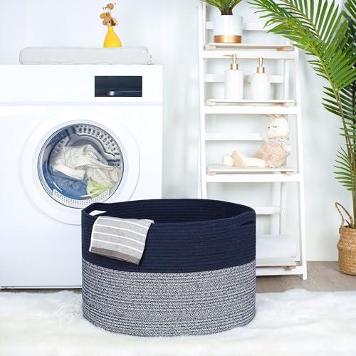 MINTWOOD Design Extra Large 22 x 14 Inches Blanket Storage Basket, Laundry Basket, Decorative Woven Cotton Rope Baskets for Blanket Storage Living Room, Dog Toy Storage Basket Bin, Navy Blue - color: Navy Blue