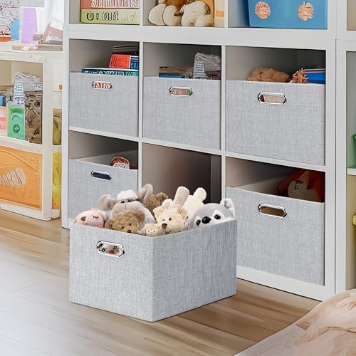 Posprica Closet Organizers and Storage, 4 Pack Large Linen Storage Bins, Decorative Shelf Storage Baskets for Organizing, Foldable Fabric Storage Box for Clothes, Toy, 15x10.5x8.25 Inch(Grey) - color: Grey, size: 15Lx10.5Wx8.25H