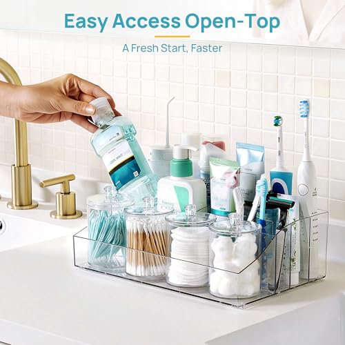 Vtopmart 5 PCS Bathroom Countertop Organizer, 1 Divided Tray with 4 Qtip Holder Jars, Restroom Clear Organizers for Toothbrush, Cotton Pads Balls, Floss, Bathroom Vanity Accessories Storage Set - color: Clear